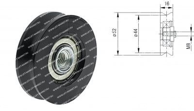 Ролик подвеса створок Monitor, D=52mm, H=16mm, d=8mm (М8) фото